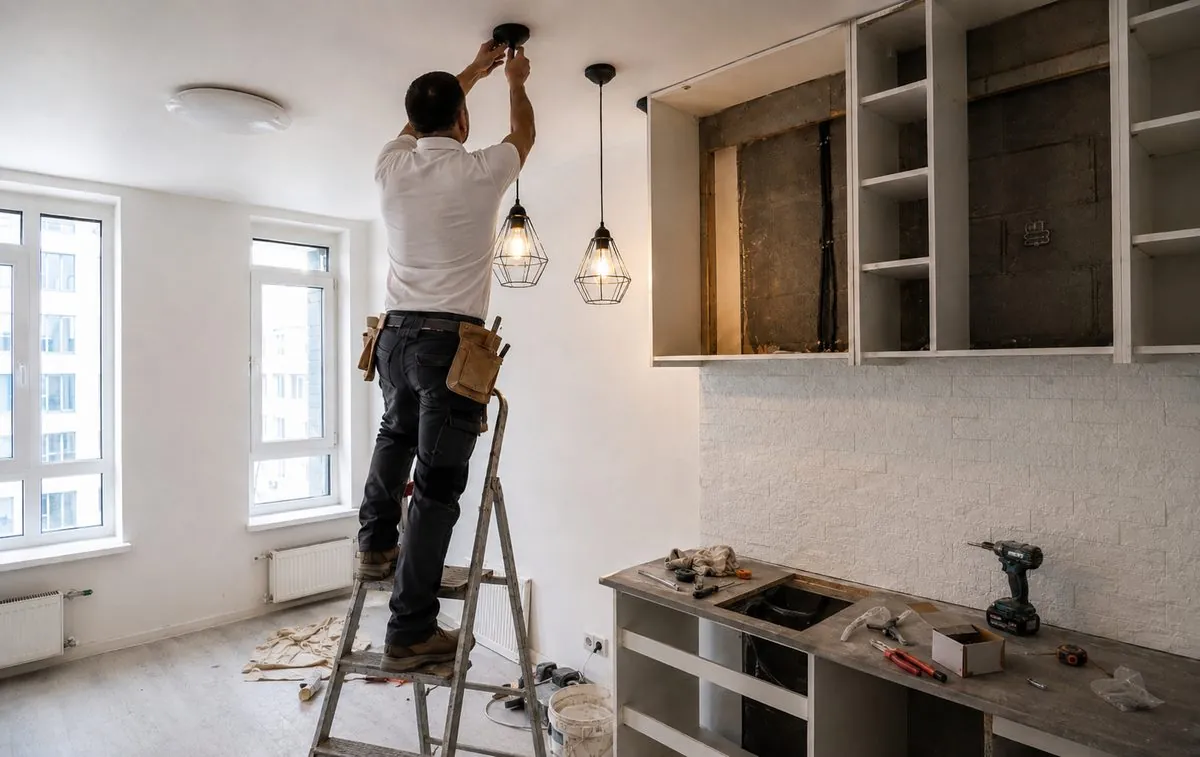 Contractor installing light fixtures mid-renovation